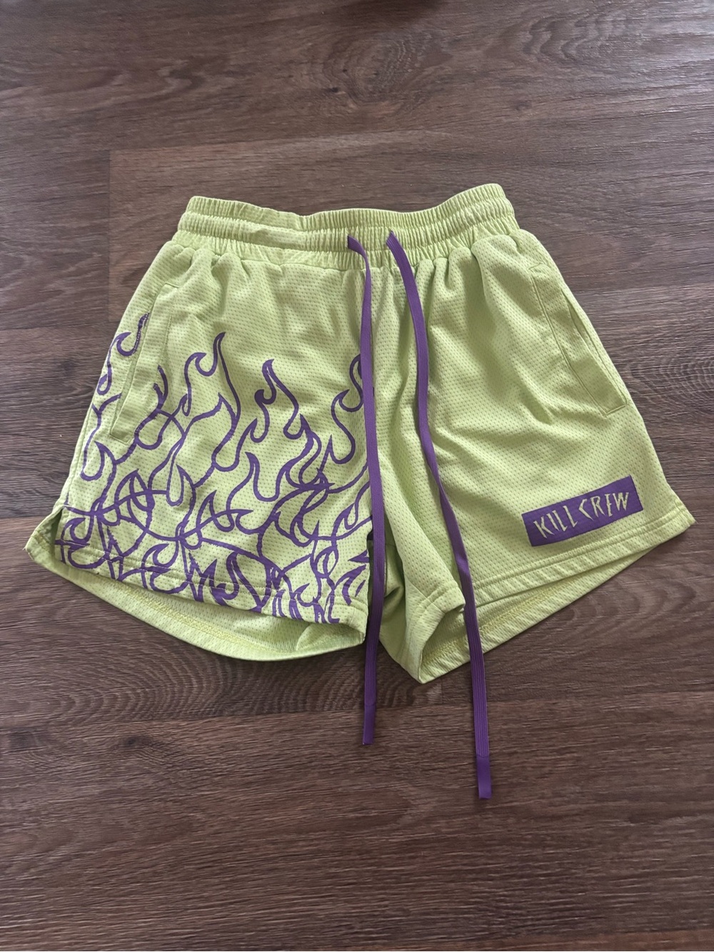 Kill Crew Muay Thai Flame Shorts Neon Green Purple Kickboxing MMA Small